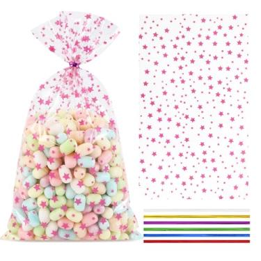 Imagem de COQOFA 100 peças rosa estrela 17 x 30 cm, sacos de presente para celofane, sacos de lembrancinhas de festa, sacos de armazenamento de biscoitos de plástico poli transparentes com laços torcidos para