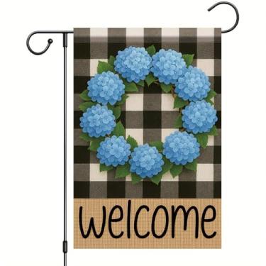Imagem de Starlit Patio Guirlanda de boas-vindas xadrez búfalo bandeira de hortênsia azul 30,5 x 45,7 cm dupla face flores tropicais decoração floral placa de boas-vindas para primavera verão ao ar livre