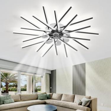 Imagem de Ventiladores de teto modernos com lustre preto, luzes LED com memória regulável, controle remoto e aplicativo, temporizador de 6 velocidades, reversível e silencioso, ideal para sala de esta