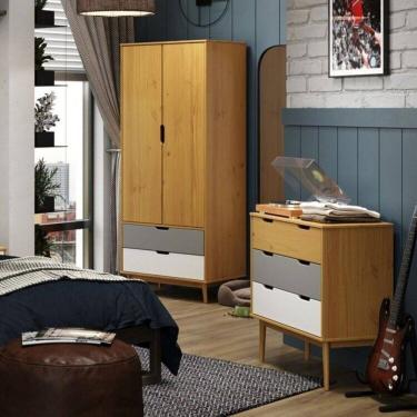 Imagem de Conjunto Quarto com Armário 2 Portas 2 Gavetas e Cômoda 3 Gavetas Nórdica Yescasa Roble/Cinza/Branco