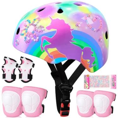 Imagem de Conjunto de joelheiras e cotoveleiras de capacete de bicicleta infantil, conjunto de equipamento de proteção ajustável com adesivos DIY para meninas de 3 a 5 a 8 anos