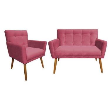Imagem de Kit Namoradeira + 1 Poltrona Decorativa Onix Suede Rosa Pés Madeira Mz