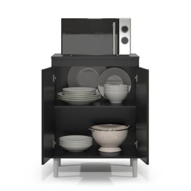 Imagem de Armário para Micro-ondas com 2 Portas, Balcão Cozinha, Prateleira Interna, Pés Elevados (PRETO)