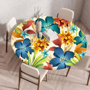 Imagem de Toalha de mesa redonda ajustada com borda elástica colorida estampa floral toalha de mesa de poliéster impermeável para cozinha interna, casa, festa, ao ar livre, azul-piquenique||130 cm