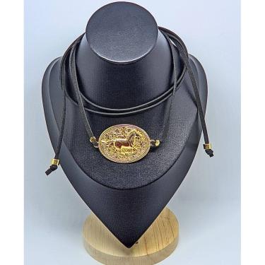 Imagem de Colar gravata longo couro carmuça gargantilha com Pingente Medalha country chapéu cavalo Folheado ouro acessórios Festa