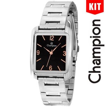 Imagem de Relógio Champion Kit Unissex Prata Preto Quadrado Ch22466c