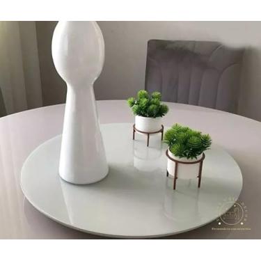 Imagem de Prato Giratório em MDF e vidro fixo laqueado 60 cm, cor Off White, para Mesa, Mesa Posta, Decorativo, Servir Mesa