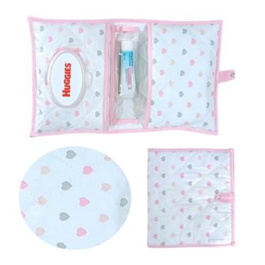Imagem de Porta Fraldas Lenço Umidecido Pomada Portátil Para Bebê Menina Menino(Coração Rosa)