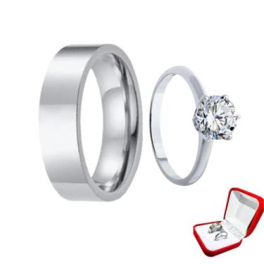 Imagem de Anel Prata 6mm Namorados Reto Compromisso Luxo + Anel 2mm Solitario Pr