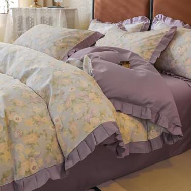 Imagem de Conjunto de capa de edredom solteiro com babados e flores fofas com babados roxos cottagecore roupa de cama vintage floral com 2 fronhas, capa de edredom de renda princesa