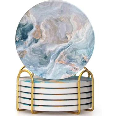 Imagem de Porta-copos com suporte, pacote com 6, porta-copos de cerâmica, estilo mármore, conjunto de porta-copos abstratos, tapete de copo de 10 cm para qualquer xícara, casa, decoração de sala de estar