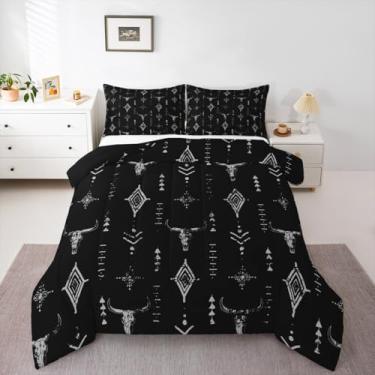 Imagem de Erosebridal Conjunto de edredom de caveira de touro, conjunto de cama King Western, boêmio, étnico, cabeça de vaca, chifres, tribal, preto, prata, decoração de quarto, geométrico, arte estética