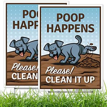 Imagem de Placa Poop Happens Please Clean It Up, (pacote com 2) dupla face, 22 x 30 cm, plástico ondulado com estaca de metal H, feita nos EUA por Sigo Signs