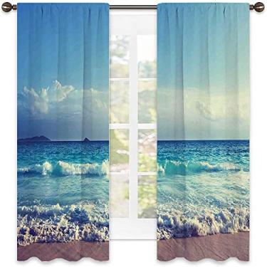 Imagem de Cortina blackout de ilha tropical, ondas do oceano na linha do horizonte do pôr do sol, para quarto, jardim de infância, sala de estar, L 250 x C 213 cm turquesa azul celeste