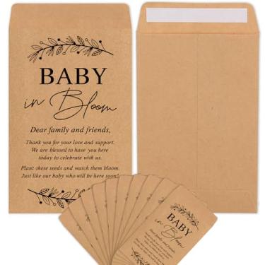 Imagem de JarThenaAMCS 100 pacotes de sementes de chá de bebê, envelopes autoadesivos para convidados, bolsos de armazenamento de sementes kraft para revelação de gênero, suprimentos de festa de aniversário