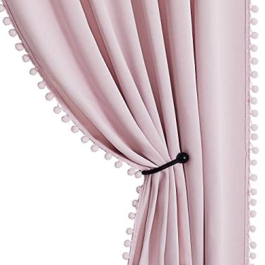 Imagem de StangH Cortinas blecaute rosa para quarto de 213 cm de comprimento, cortinas pompom com isolamento térmico para bebês meninas/berçário, painéis com eficiência energética para sala de estar, L 132 x C
