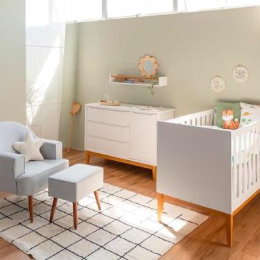 Imagem de Kit Quarto Theo com Pés Square Mel - Berço Mini Cama + Cômoda 3 Gaveta