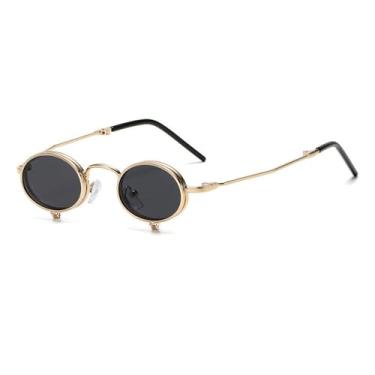 Imagem de Óculos de sol Steampunk Flip Up Masculino Pequeno Armação de Metal Punk Redondo Óculos de Sol Feminino Retro Óculos de Sol UV400 Óculos de Grau, C1Gold, Preto, Tamanho Único