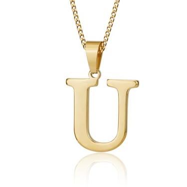 Imagem de Suweibuke Colar com inicial para homens e mulheres, meninos e meninas, banhado a ouro 18K, colar com pingente de 26 letras, joias personalizadas para presentes, Average, Aço inoxidável, Sem Pedra