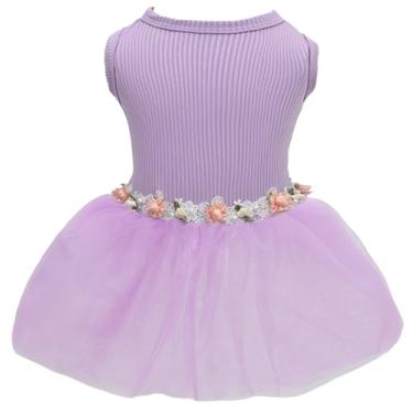 Imagem de CuteBone Vestido de dama de honra de casamento de cachorro com saia de tule roxo com acabamento de renda na cintura - confortável, elegante e perfeito para ocasiões especiais HBQ02M