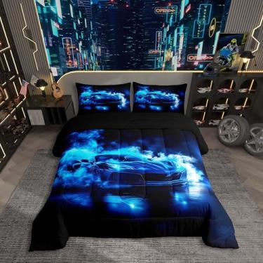 Imagem de Conjunto de cama solteiro para meninos, meninos, meninas, adolescentes, carros de corrida 3D, nevoeiro, temática de esportes radicais, decoração de quarto