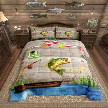 Imagem de Erosebridal Conjunto de edredom rústico Go Fish, casa de fazenda, solteiro, para crianças, adultos, campo, campo, lago, passeios de barco, conjunto de edredom para pescador, 2 peças