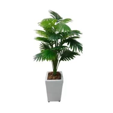 Imagem de Planta Artificial Palmeira 18 ou 24 Folhas + Vaso Decorativo em Fita Sintética(Branco Liso 24 Fls.)