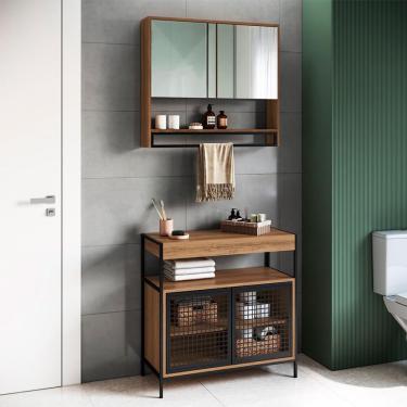 Imagem de Conjunto de Gabinete para Banheiro Industrial Avis 2 PT com Armário Phoebe 2 PT Mel e Preto