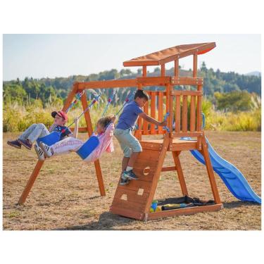 Imagem de Playground Dolphin Playground T em Madeira para Quintal, com Escorregador, Caixa de Areia, Parede de Escalada e 2 Balanços para Crianças.