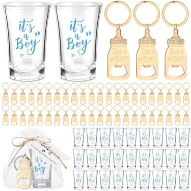 Imagem de Vesici Conjunto de 50 lembrancinhas de chá de bebê para meninas e meninos copos de acrílico abridor de garrafas de ouro chaveiros etiquetas de agradecimento e bolsas para chá de bebê, festa revelação
