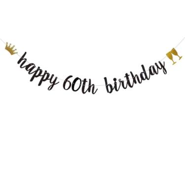 Imagem de Faixa de feliz aniversário de 60 anos, pré-amarrada, decoração de festa com glitter de papel preto para 60º aniversário suprimentos letras pretas ZHAOFEIHN