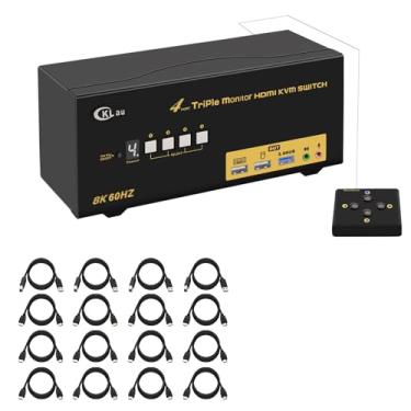 Imagem de CKLau Interruptor Kvm Hdmi De Monitor Triplo 4 Portas Com Cabos, Microfone, Áudio, Hub Usb 3.0, Display Digital Compatível Com 8K A 60 Hz, 4K A 144 Hz, Emulação Edid, Função De Tecla De Atalho