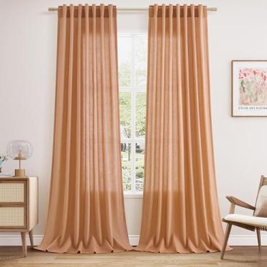 Imagem de Cortinas com aparência de serapilheira de linho de quartzo pêssego 262 cm de comprimento, 2 painéis, bolso traseiro para varão, semitransparente, filtragem de luz, janela alta, sala de estar
