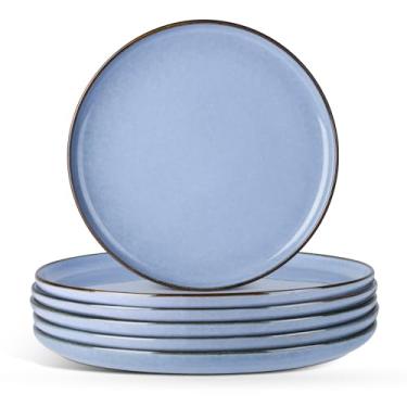 Imagem de E-far Conjunto de 6 pratos de salada de cerâmica de 20 cm, pratos de grés reativo, prato de sobremesa redondo para cozinha doméstica, restaurante, seguro para micro-ondas e lava-louças – azul oceano