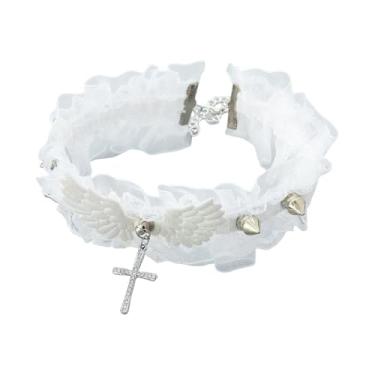 Imagem de Dtja Colar gargantilha de renda gótica com asas de anjo para mulheres, lantejoulas, cristal, cruz, pingentes, corrente ajustável, acessórios vintage, Halloween, cosplay, festa, joias, 43 cm, Medium