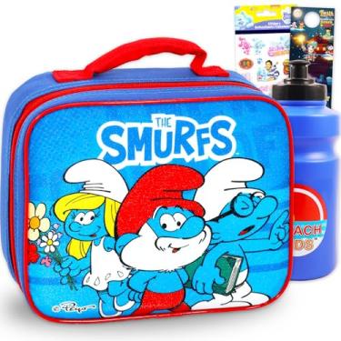 Imagem de Conjunto de lancheira Smurfs – Pacote com lancheira isolada, adesivos, garrafa de água, mais | Lancheira Smurfs para meninos, meninas e crianças