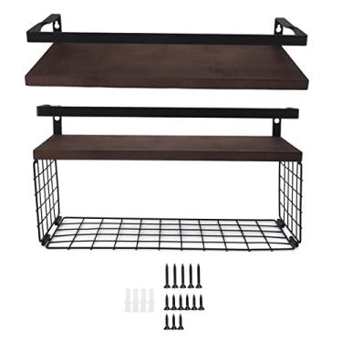 Imagem de Prateleiras de armazenamento montadas na parede fios de metal rústico Plataforma flutuante Projeto de várias camadas para banheiro de cozinha de cozinha Iron Pine Wood 2 Conjunto