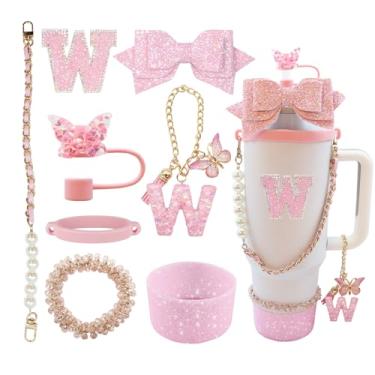 Imagem de Conjunto de acessórios de copo de 8 peças para copo Stanley de 76 ml com alça, incluindo topo de palha, bota, alça de alça de garrafa de água, decoração de arco de palha, pulseiras, pingente de letra