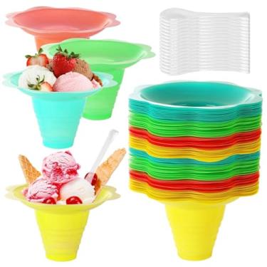 Imagem de 200 peças de copos coloridos de cone de neve em forma de flor de 227 g com canudos de colher, copos de gotejamento de gelo raspado de plástico reutilizáveis tigelas de sorvete para festa infantil