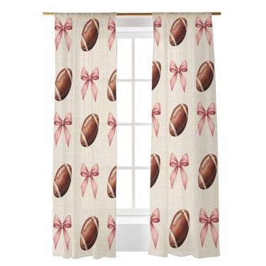 Imagem de Cortinas transparentes vintage marrom futebol 203 cm longo laço rosa retrô linho esportivo estilo abstrato conjunto de 2 painéis de cortina transparente chiffon cortinas semitransparentes para sala de
