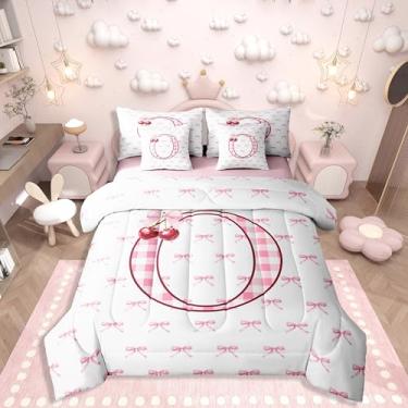 Imagem de Erosebridal Jogo de cama solteiro com letra O com laço rosa e cerejeira, 7 peças, para meninas, decoração de princesa, coquete, lençol com elástico, lençol de cima e lençol com elástico