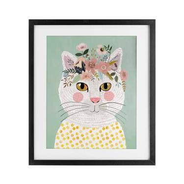 Imagem de Stupell Industries Gato branco brincalhão com flores preto emoldurado design sob vidro por Mia Charro, 21 x 17
