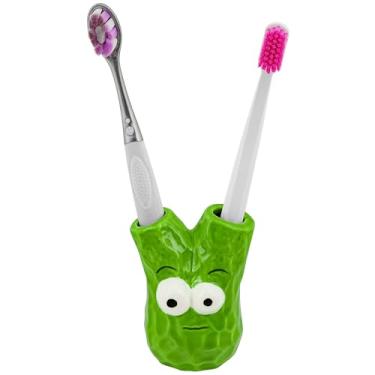 Imagem de Linkidea Suporte de escova de dentes de bancada para banheiro, suporte decorativo bonito de cerâmica para escova de dentes manual, organizador de 2 compartimentos compatível com Oral-B CrossAction