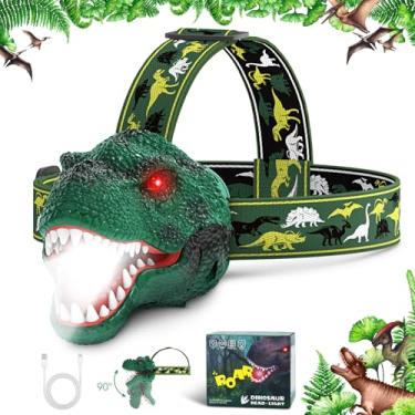 Imagem de Dysaim Lanterna de cabeça infantil, recarregável T-Rex dinossauro para crianças e lâmpada de cabeça de LED, equipamento de acampamento, acessórios de caminhada, brinquedos de farol, quatro modos de