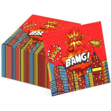 Imagem de Wozoohyi Guardanapos de festa com tema de herói, 100 peças, 16,5 cm com decoração de pano de fundo da cidade, guardanapos de papel descartáveis para meninos meninas festa suprimentos de chá de bebê