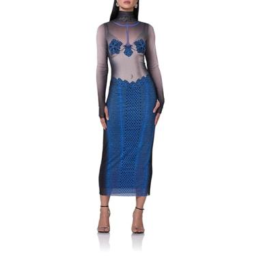 Imagem de AFRM Vestido midi colado ao corpo com manga comprida e gola rolê Shailene, Marinho ornamentado, M