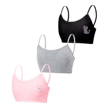 Imagem de Pacote com 3 sutiãs de treinamento de algodão para meninas - Sutiã esportivo de treinamento de costas nadador para meninas - Sutiã esportivo de treinamento sem costura, rosa + cinza + preto