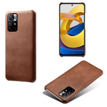 Imagem de Capa para Xiaomi POCO M4 Pro 5G,Proteção contra quedas,Casca de volta de cor sólida simples,Design de couro de imitação de plástico-Brown