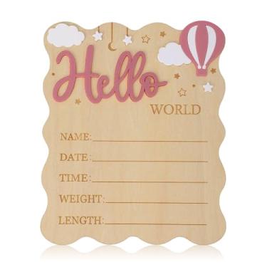 Imagem de Placa Anúncio Madeira Bebê, 17,5x14,5cm Hello World Placa Boas-Vindas Recém-Nascido Sinal Nascimento Nome Bebê para Acessórios Fotografia Recém-Nascido Lembrança e Decoração Quarto (Rosa)