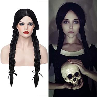 Imagem de TCAIACT Peruca preta longa de 71 cm com trança dupla, cabelo natural, fantasia de Halloween para mulheres, moderna, resistente ao calor, para festas diárias, Halloween com peruca (preta)